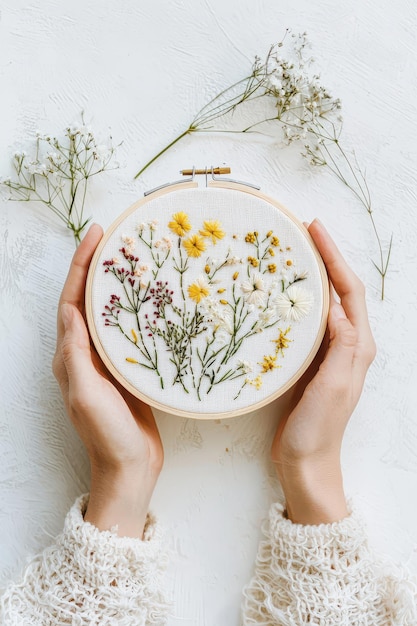 Ręcznie robiony haft na lnianej tkaninie